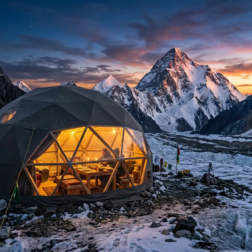 Luxury High-Altitude Geodesic Dining Dome on glacier beneath K2